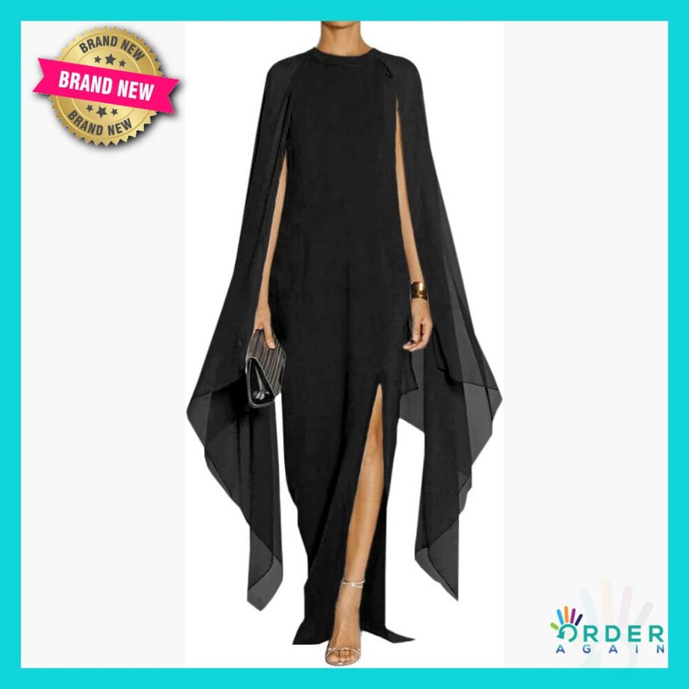 Elegant Formal Evening Gown Maxi Dress With Cape Sleeves Fit & Flare